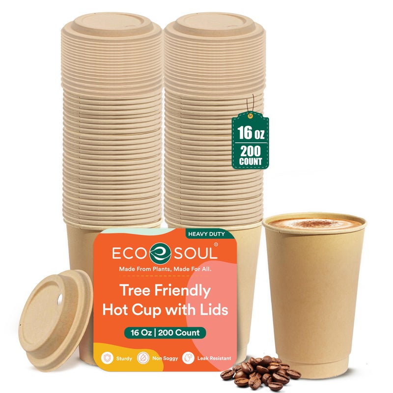 ECO SOUL 100 Compostable PlantBased 16oz Hot Cups with Compostable Lids 200 Count 16 oz Hot Cups Disposable Bagasse Paper Ecofriendly Sturdy Microwave Oven Safe